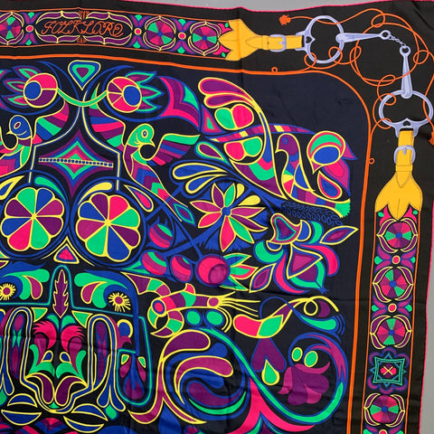 HERMES Black Color Block Horsebit Silk Scarves & Shawls