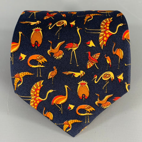 SALVATORE FERRAGAMO Navy Beige Red Birds Silk Tie