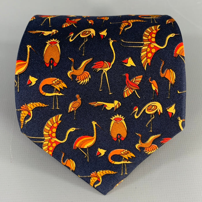 SALVATORE FERRAGAMO Navy Beige Red Birds Silk Tie
