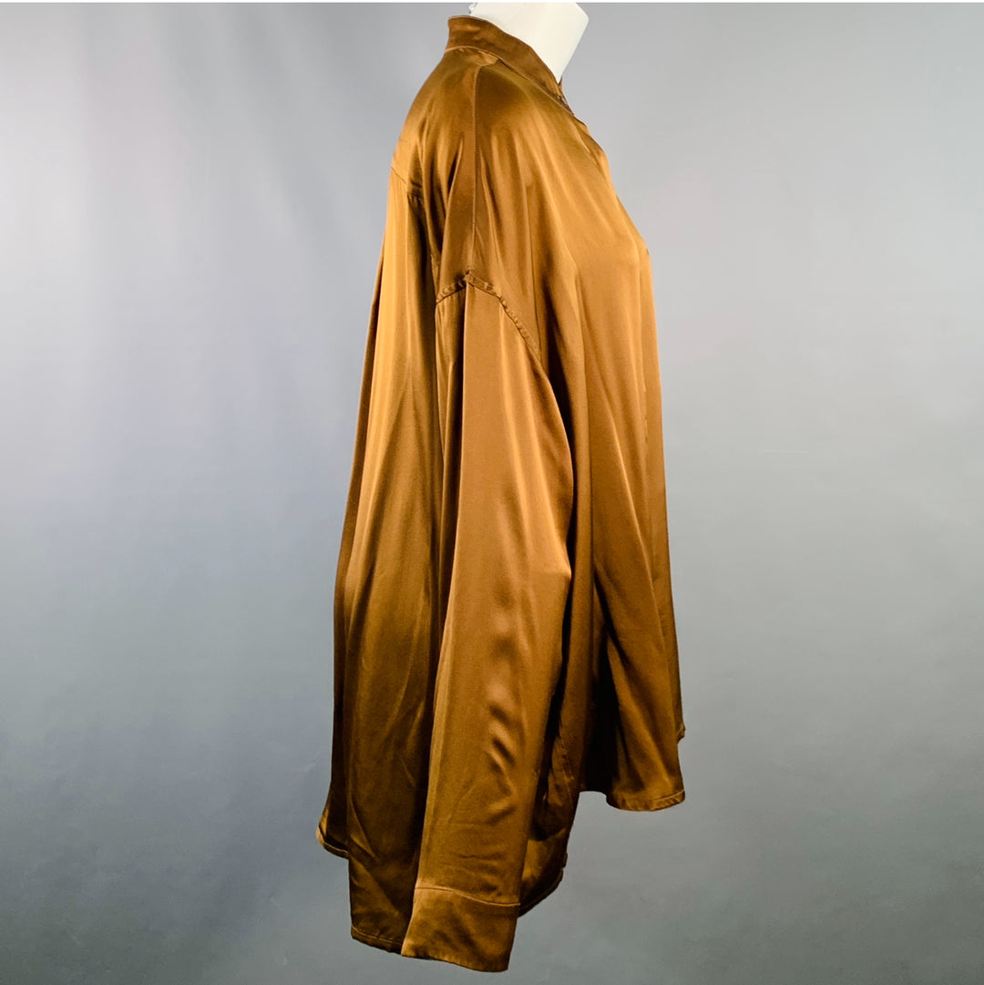 HAIDER ACKERMANN Size S Brown Silk Satin Nehru Collar Hidden Buttons Shirt