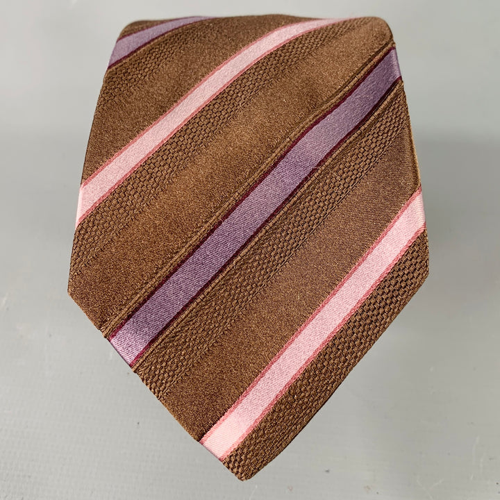 GUCCI Brown Purple Pink Diagonal Stripe Silk Tie