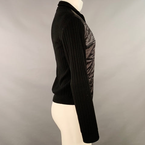 DRIES VAN NOTEN Size M Black Rib Knit Polyamide Blend Quilted 1/4 Zip Pullover