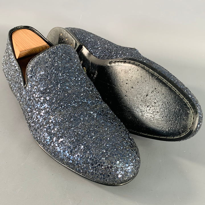 JIMMY CHOO Size 9 Thame Grey Black Glitter Leather Slip On Loafers