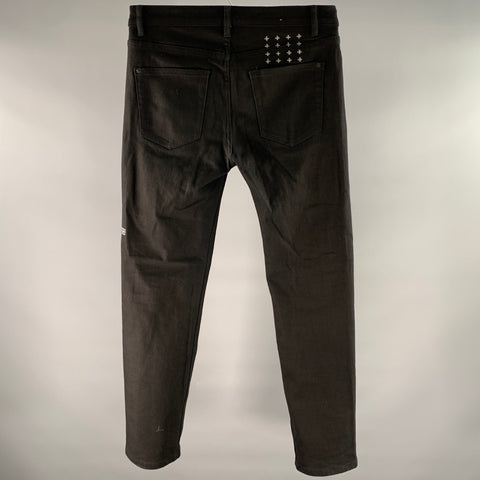 KSUBI Size 32 Black Embroidered Cotton Slim Fit Jeans