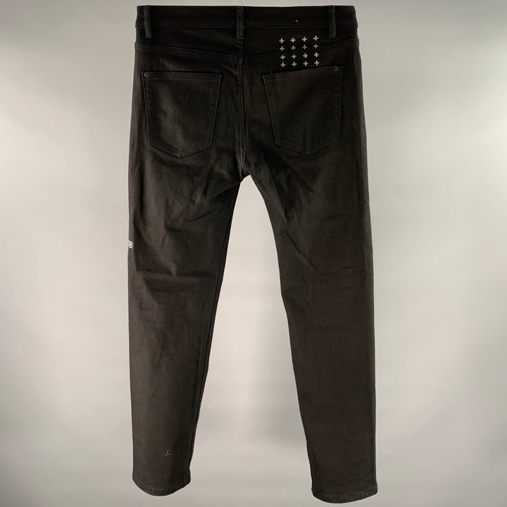 KSUBI Size 32 Black Embroidered Cotton Slim Fit Jeans