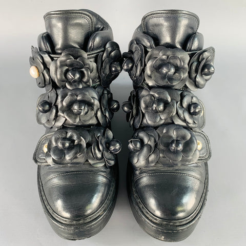 CHANEL Size 7 Black Leather Camellias Faux Pearls Applique High Top Sneakers