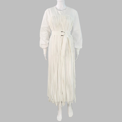 MANTU Size M White Cotton Fringe Belted Midi Dress