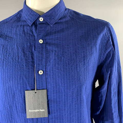 ERMENEGILDO ZEGNA Size XL Blue Seersucker Linen Blend Long Sleeve Shirt
