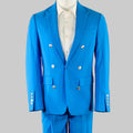 Blue suit with silver buttons on a gray background