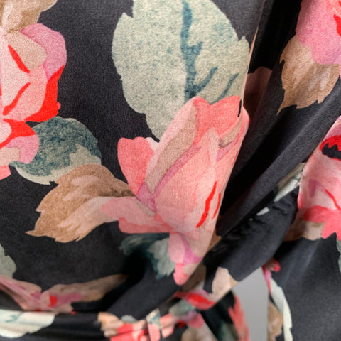 R13 Size XS Black Multi Color Silk Floral Shawl Collar Smoking Robe