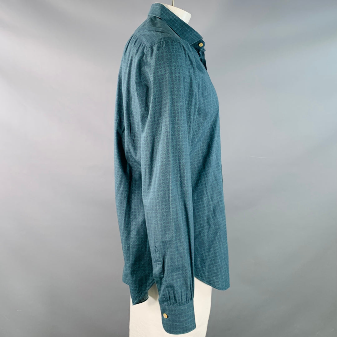 KITON Size XXL Green Navy Dots Cotton Curved Cutaway Long Sleeve Shirt