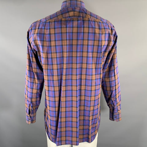 LORENZI Size XL Purple Brown Plaid Cotton Spread Collar Long Sleeve Shirt