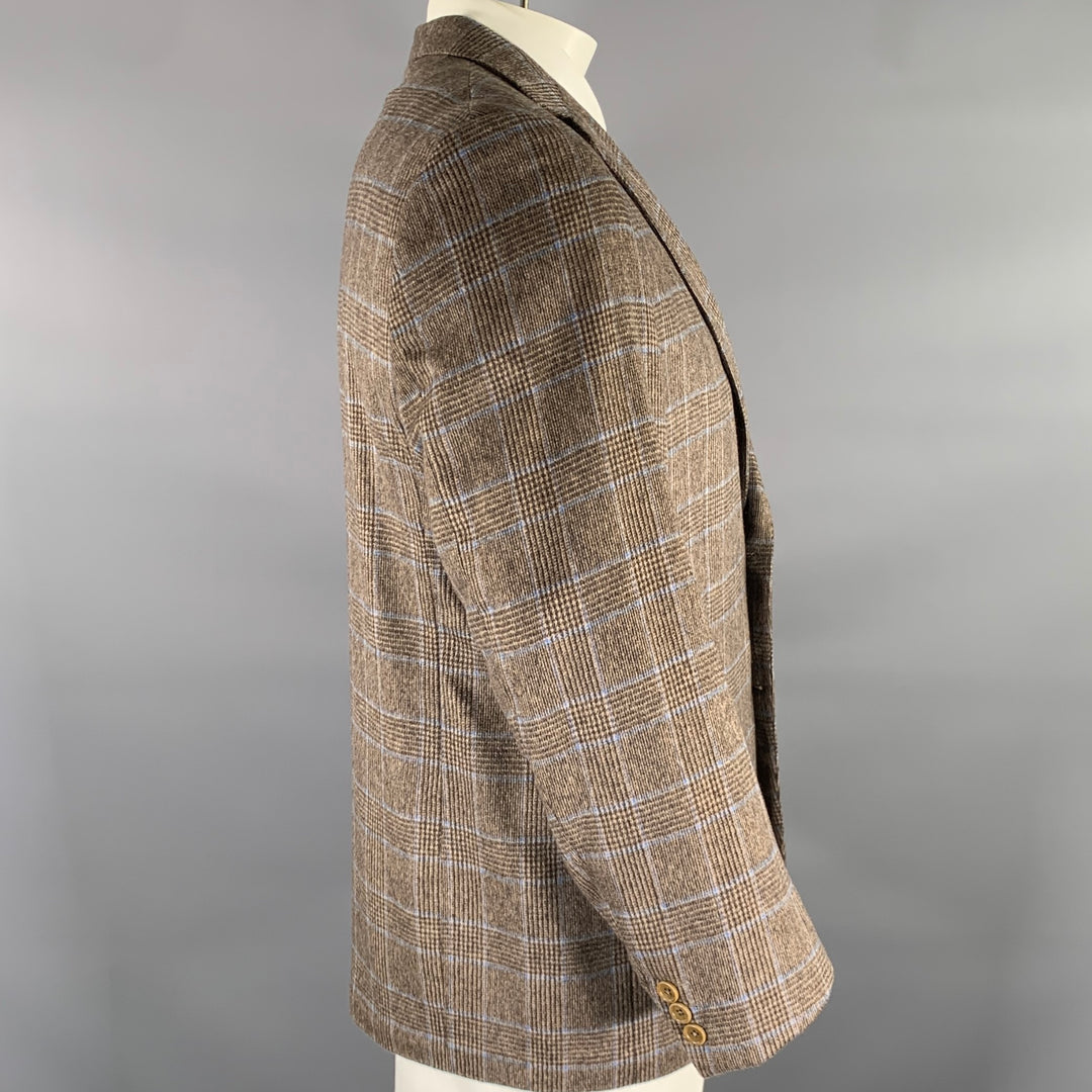 PETER PANOS Chest Size 44 Brown Blue Plaid Cashmere Notch Lapel Sport Coat