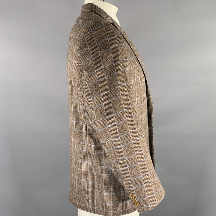 PETER PANOS Chest Size 44 Brown Blue Plaid Cashmere Notch Lapel Sport Coat
