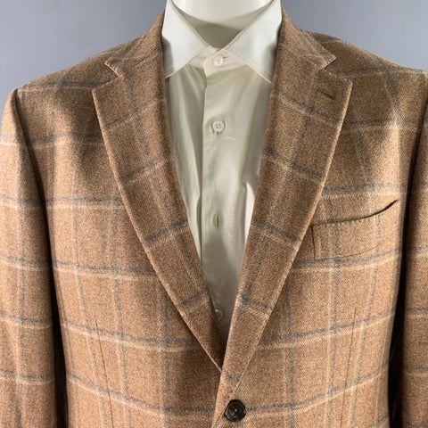 ISAIA Size 46 Brown Blue Grey Plaid Cashmere Notch Lapel Sport Coat