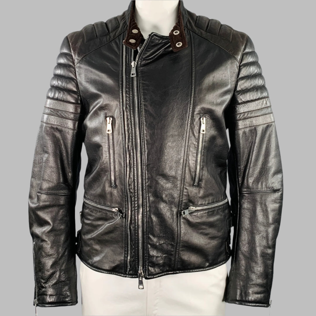 GUCCI Size 44 Black Brown Quilted Leather Motorcycle Jacket