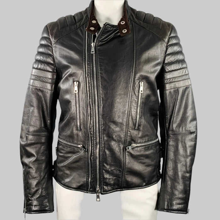 GUCCI Size 44 Black Brown Quilted Leather Motorcycle Jacket