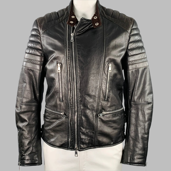 GUCCI Size 44 Black Brown Quilted Leather Motorcycle Jacket