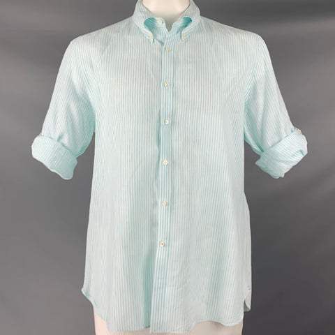 ISAIA Size XL Blue White Stripe Linen Cotton Roll Tab Long Sleeve Shirt