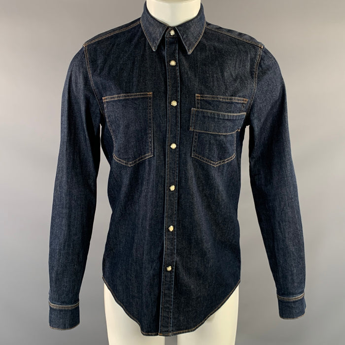 GIVENCHY Size S Navy Yellow Contrast Stitch Cotton Blend Long Sleeve Shirt