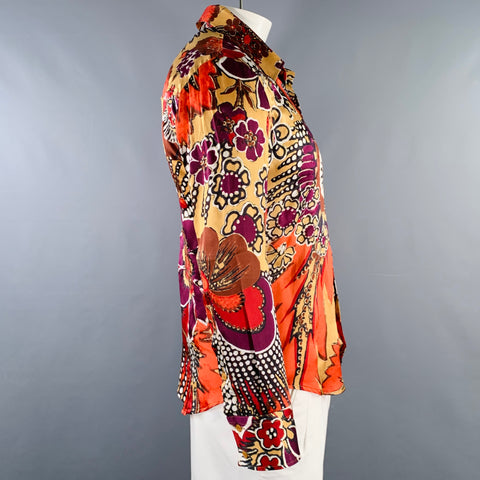 JUST CAVALLI Size L Red Yellow Abstract Floral Silk Western Long Sleeve Shirt