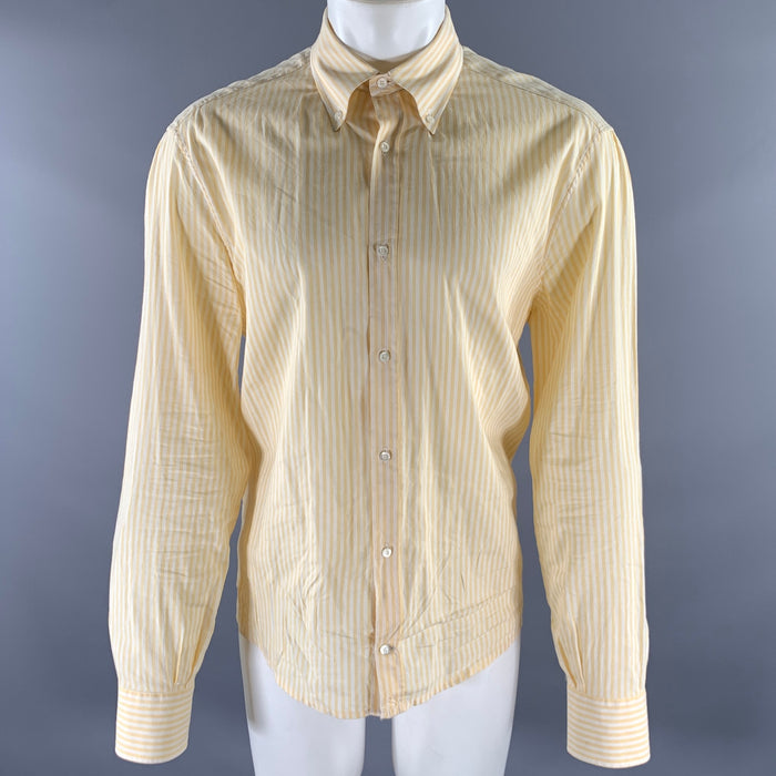 BRUNELLO CUCINELLI Size XXXL Yellow White Stripe Linen Cotton Long Sleeve Shirt