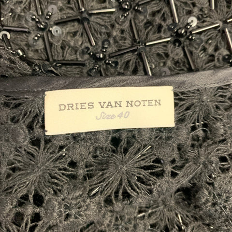 DRIES VAN NOTEN Size 8 Black Cotton Beaded Open Front Vest