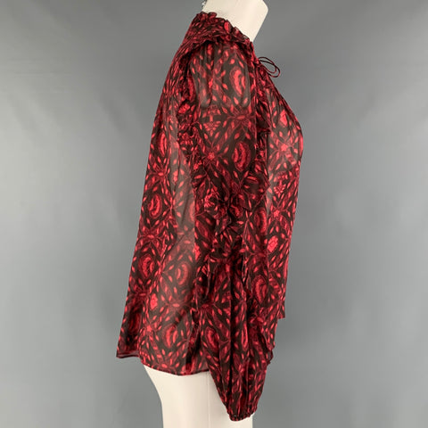 ULLA JOHNSON Taille 2 Rouge Noir Soie Abstrait Col en V Haut Décontracté