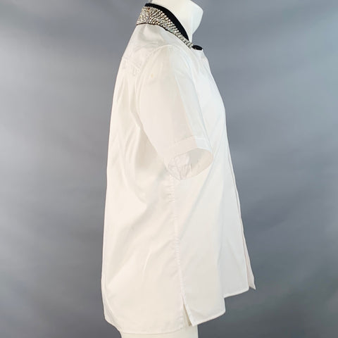 HAIDER ACKERMANN Size S White Beaded Cotton Crystals Hidden Placket Short Sleeve Shirt