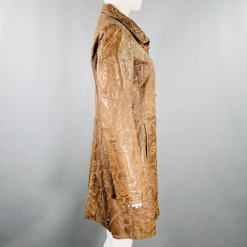 EMPORIO ARMANI Size 8 Brown Lambskin Leather Embroidered Single Breasted Coat