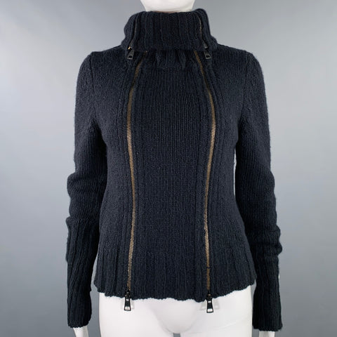 ANN DEMEULEMEESTER Size 8 Black Merino Wool Angora Double Zipper Cardigan