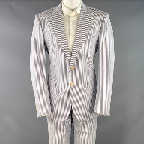 NEIMAN MARCUS Size 40 Blue White Stripe Seersucker Notch Lapel Suit