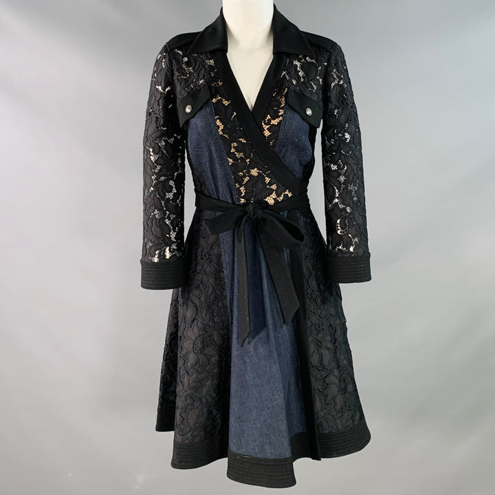 DIANE VON FURSTENBERG Size 4 Maggi Black Navy Cotton Blend Lace Long Sleeve Wrap Shirt Dress