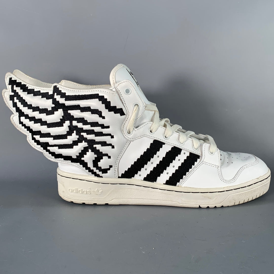 ADIDAS x JEREMY SCOTT Size 9.5 JS Wings 2.0 Pixel White Black Leather High Top Sneakers Sui Generis Designer Consignment ADIDAS x JEREMY SCOTT Size 9.5 JS Wings 2.0 Pixel White Black Leather High Top Sneakers Sui Generis Designer Consignment