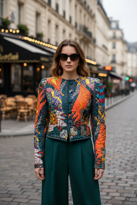 HERMES 1990's Etendards Et Bannieres Size 12 Multi-Color Cashmere Wool Reversible Jacket