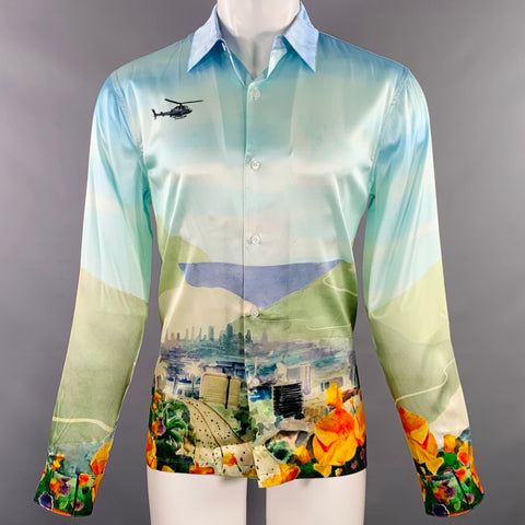 Chemise NAHMIAS à manches longues en soie imprimée multicolore paysage hélicoptère, taille S