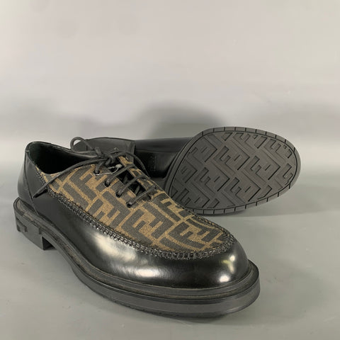 FENDI Size 10 Black Brown Monogram Leather Lace Up Shoes