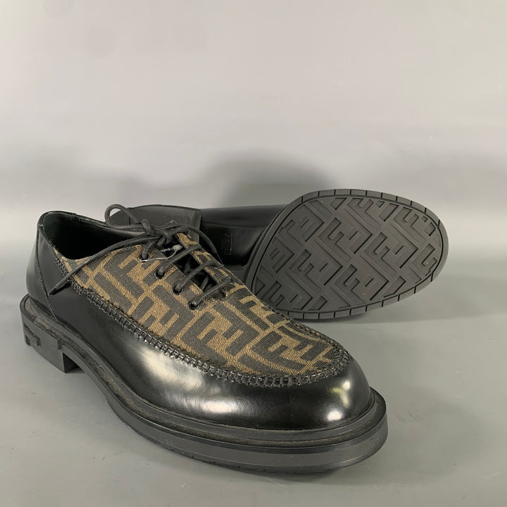 FENDI Size 10 Black Brown Monogram Leather Lace Up Shoes