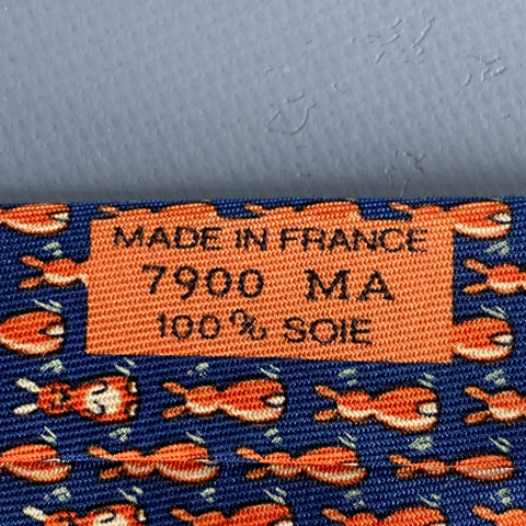 HERMES Navy Orange Rabbits Silk Tie