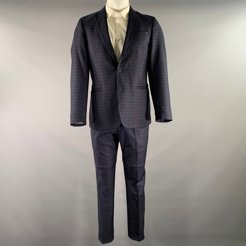 BOGGI Chest Size 36 Navy Blue Tartan Wool Notch Lapel 34 28 Suit