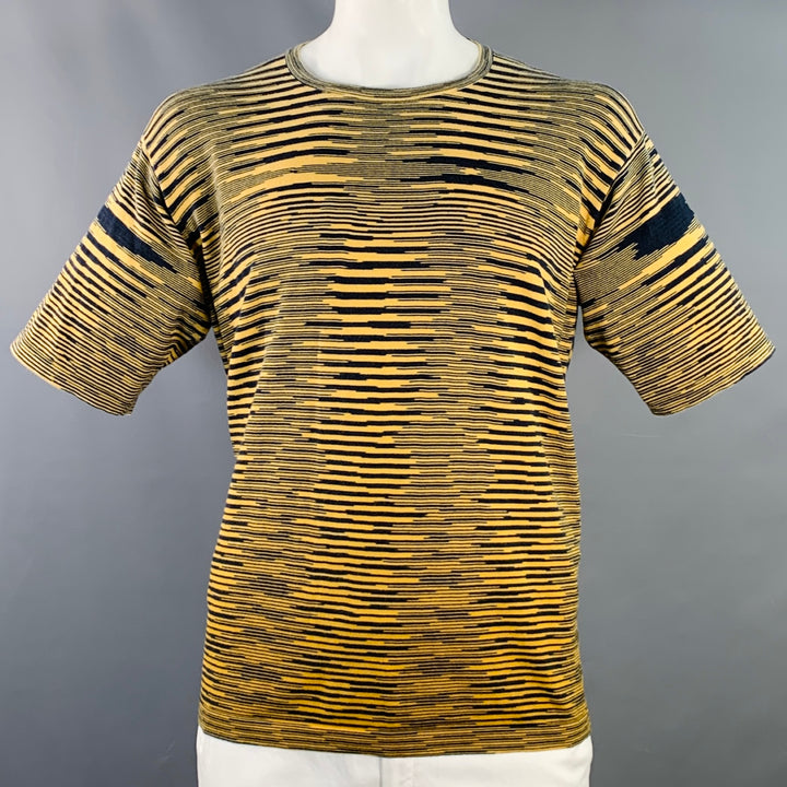 MISSONI Size XL Yellow Navy Stripe Cotton Knit Crew Neck T-Shirt