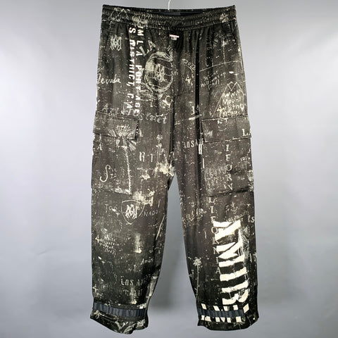 AMIRI Size M Black Grey Graphic Viscose Drawstring Casual Pants