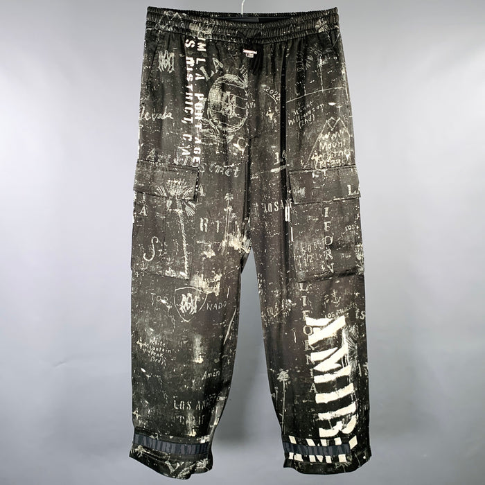 AMIRI Taille M Noir Gris Graphique Viscose Pantalon Décontracté Cordon de Serrage