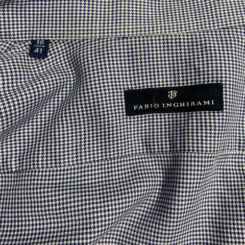 FABIO INGHIRAMI Size L Blue White Houndstooth Cotton Long Sleeve Shirt