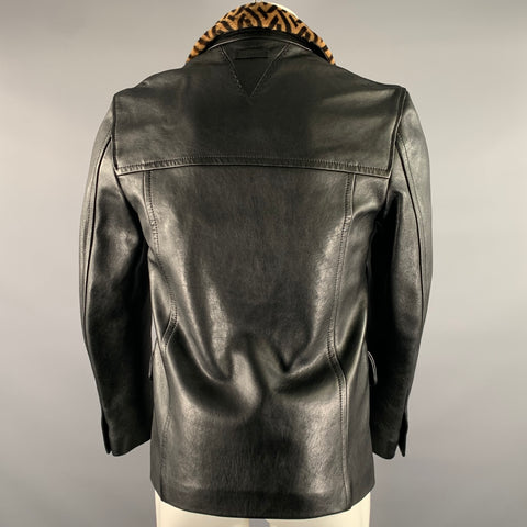 VERSACE Size 36 Black Camel Lambskin Leather Furr Collar Notch Lapel Jacket