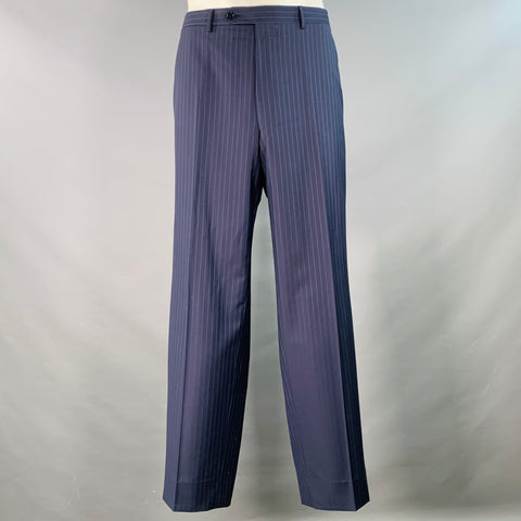 CANALI Size 48 Regular Navy Blue Pinstripe Virgin Wool Notch Lapel Suit