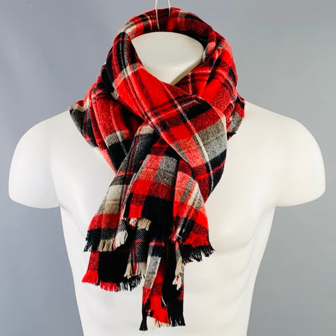 DSQUARED2 Red Black White Plaid Wool Blend Fringe Scarf