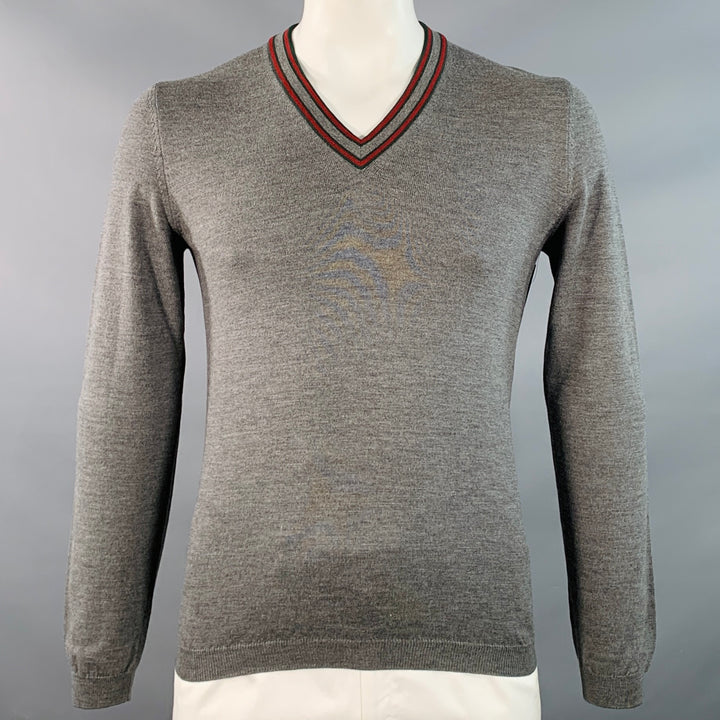 GUCCI Size L Grey Red Green Contrast Trim Wool V-Neck Pullover