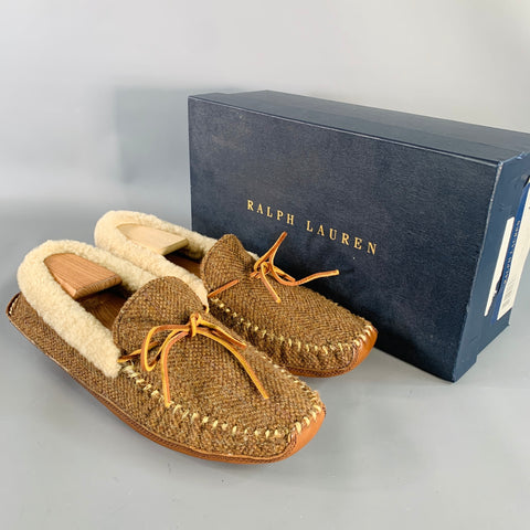 RALPH LAUREN Size 10.5 Yarmond Brown Cream Herringbone Wool Moccasin Loafers