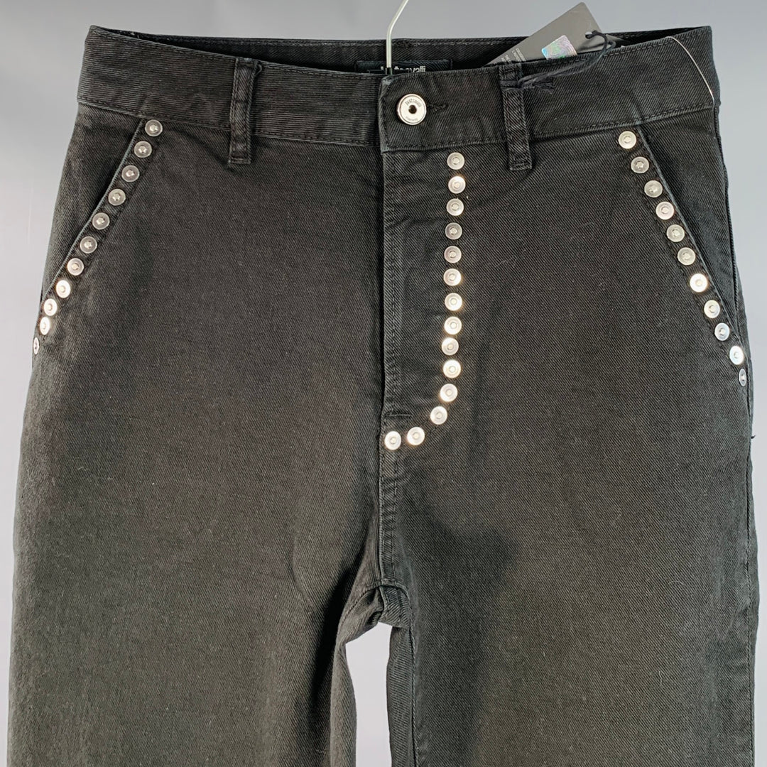 JUST CAVALLI Size 26 Black Silver Cotton Blend Denim Studded Button Fly Jeans